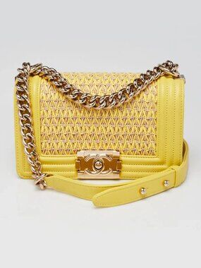 Chanel Yellow Woven Raffia and Lambskin Leather Medium Boy Bag